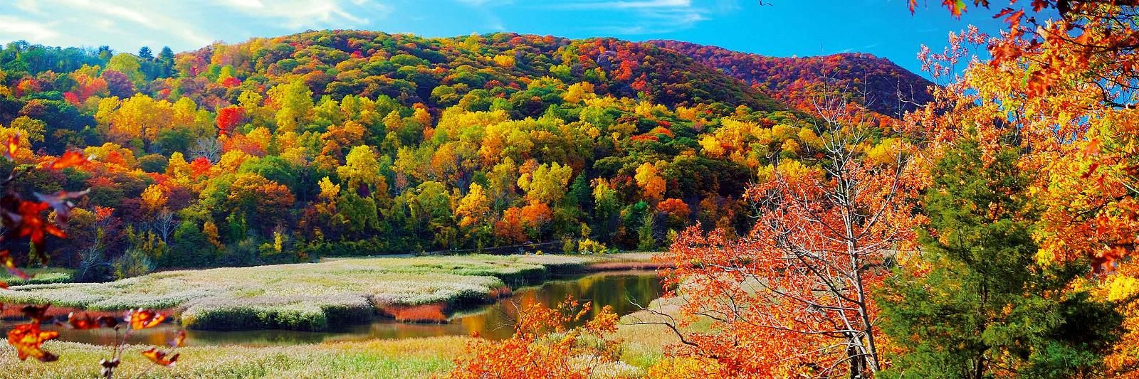Hills covered in red, orange and yellow fall foliage above a river valley